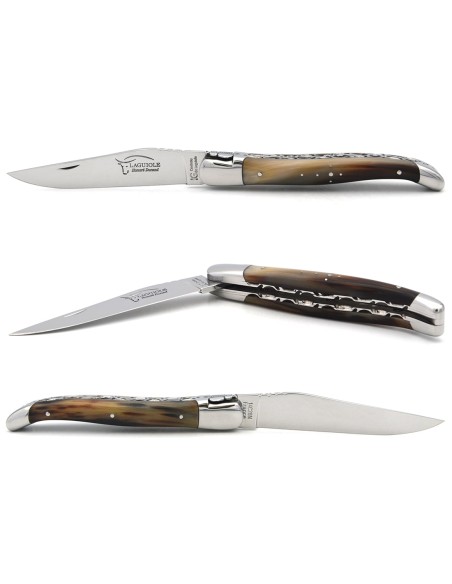 Laguiole with GI label, pale horntip handle, chiseled double plates