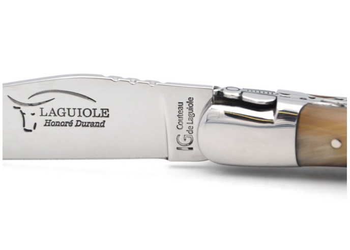 Laguiole mit Label GA, 12 cm Griff aus Hornspitze (hell), Doppelplatinen