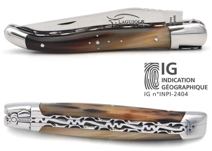 Laguiole with GI label, pale horntip handle, chiseled double plates