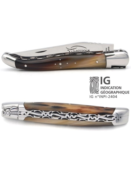 Laguiole mit Label GA, 12 cm Griff aus Hornspitze (hell), Doppelplatinen