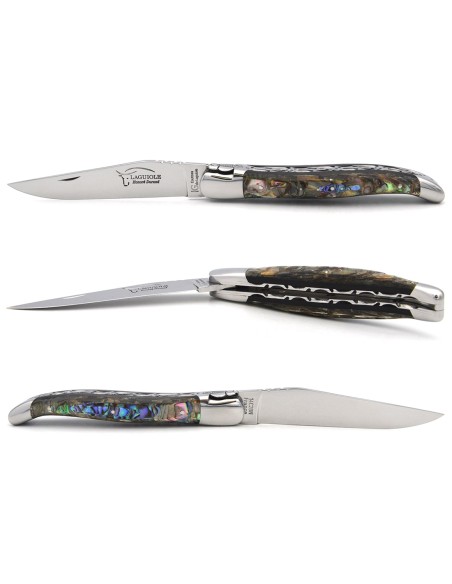 Laguiole with GI label, 12 cm abalone, chiseled bee and double plates