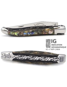 Couteau de Laguiole IG en abalone, abeille et doubles platines ciselées