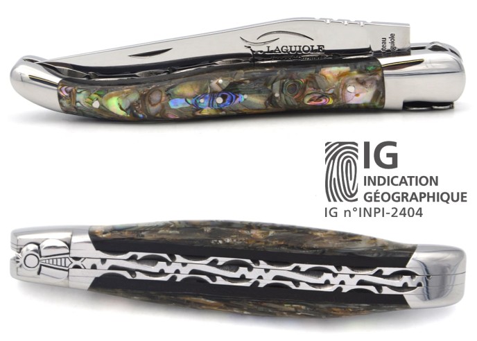 Laguiole with GI label, 12 cm abalone, chiseled bee and double plates