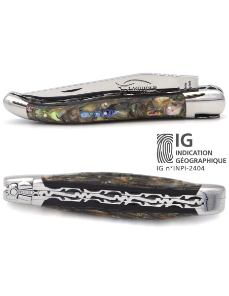 Couteau de Laguiole IG en abalone, abeille et doubles platines ciselées
