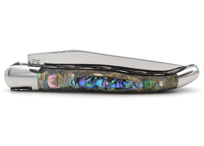 Couteau de Laguiole IG en abalone, abeille et doubles platines ciselées
