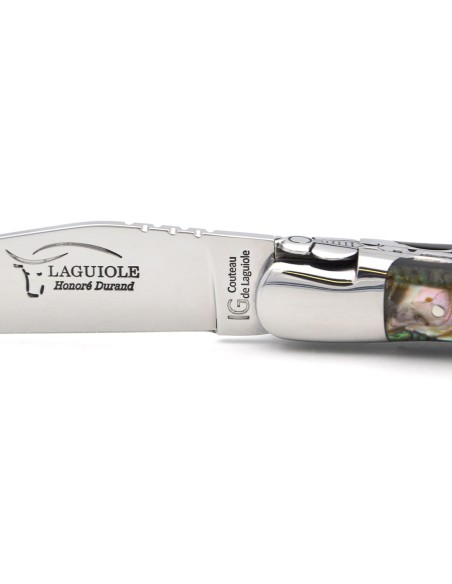 Couteau de Laguiole IG en abalone, abeille et doubles platines ciselées