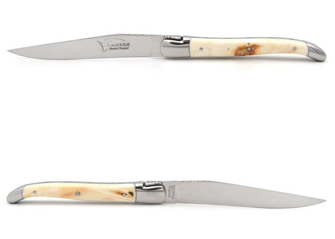 Laguiole Steakmesser, Heftbacken aus mattem Edelstahl, breiterer Griff aus Hornspitze
