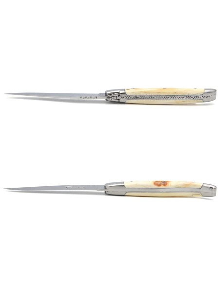 Laguiole Steakmesser, Heftbacken aus mattem Edelstahl, breiterer Griff aus Hornspitze
