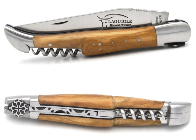 Laguiole GI, 12 cm olive wood handle with corkscrew, Occitan cross