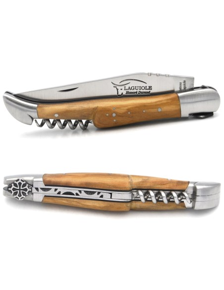 Laguiole GI, 12 cm olive wood handle with corkscrew, Occitan cross
