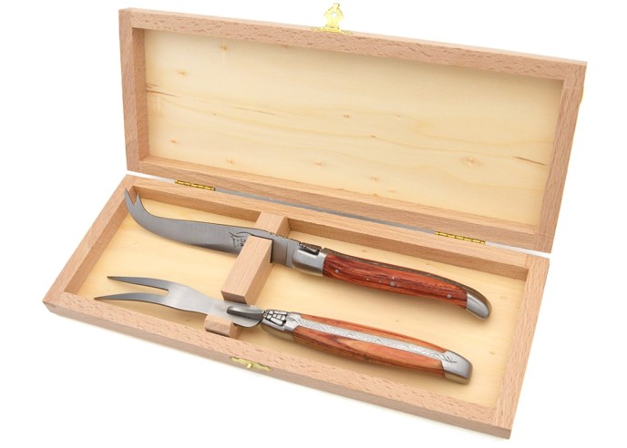 Laguiole cheese set, rosewood handles, knife and fork, wide handles