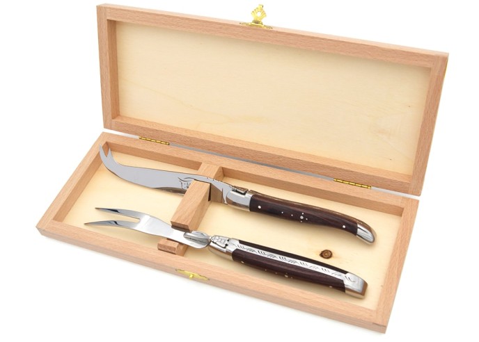 Laguiole cheese set, wide purplewood handles, knife and fork