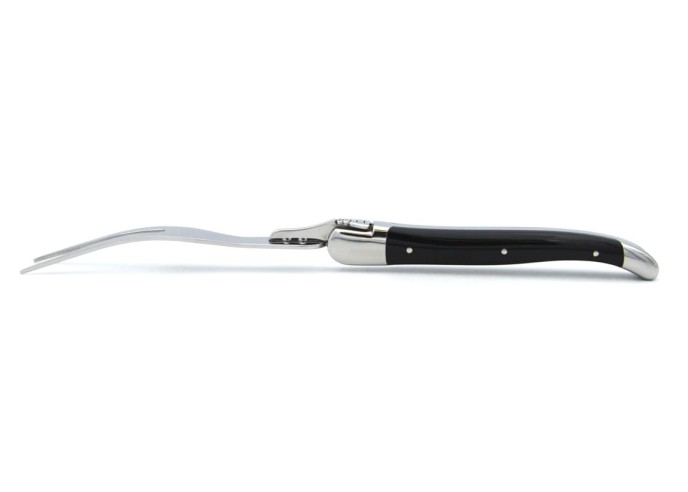 Laguiole cheese set, knife and fork with shiny stainless steel bolsters. Slim rosewood handles