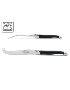 Laguiole Käsebesteck, Messer und Gabel, Heftbacken aus glänzendem Edelstahl, fein Griff aus Rosenholz