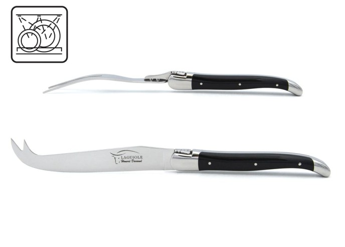 Laguiole cheese set, knife and fork with shiny stainless steel bolsters. Slim rosewood handles
