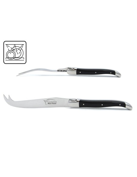 Laguiole cheese set, knife and fork with shiny stainless steel bolsters. Slim rosewood handles