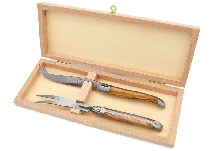 Laguiole cheese set, knife and fork, slim olive wood handles