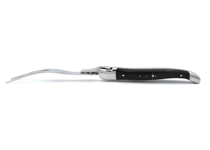 Laguiole cheese set, knife and fork with shiny stainless steel bolsters. wide dark horn tip handles