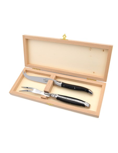 Laguiole cheese set, knife and fork with shiny stainless steel bolsters. wide dark horn tip handles
