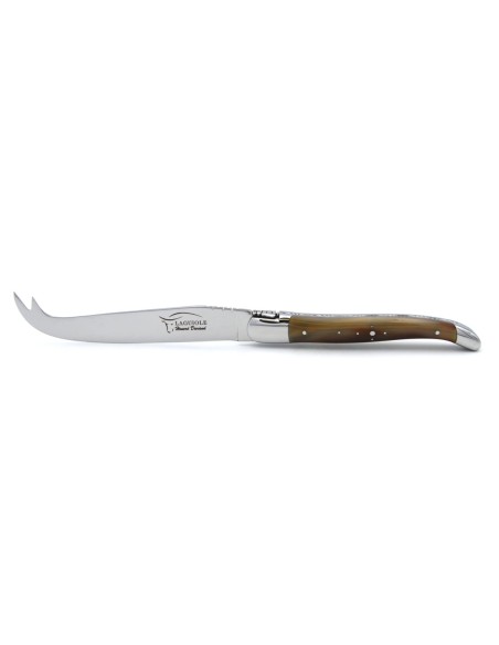 Laguiole cheese set, knife and fork, wide pale horn tip handles