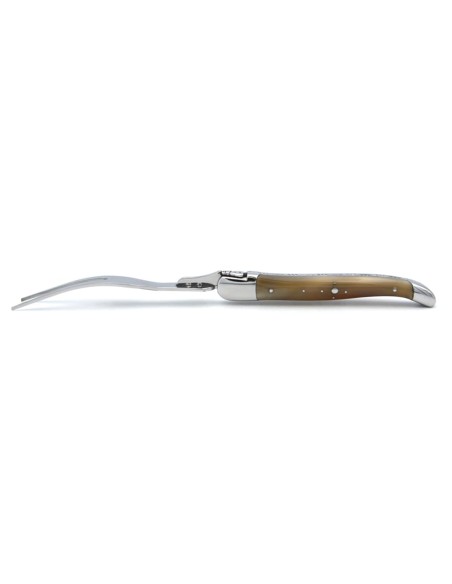 Laguiole cheese set, knife and fork, wide pale horn tip handles