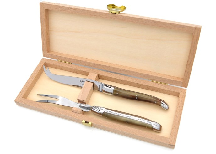 Service à fromage mitres inox brillant et manche pointe de corne claire