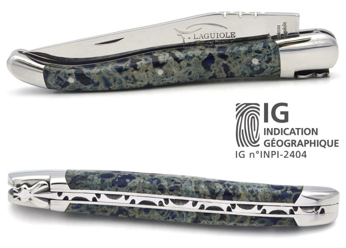 Laguiole knife Geographical Indication, 12 cm blue lava stone handle