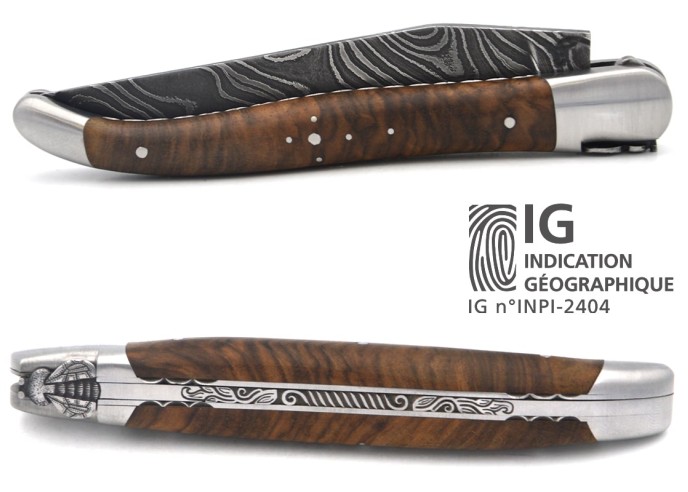Laguiole GI, walnut handle, Damascus steel, chiseled bee and spring