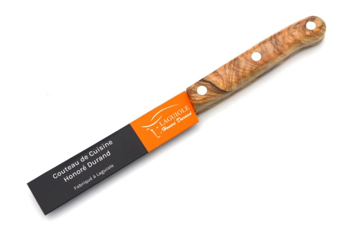 Couteau d'office fabriqué à Laguiole, manche de 10 cm en olivier