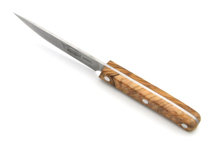 Couteau d'office fabriqué à Laguiole, manche de 10 cm en olivier