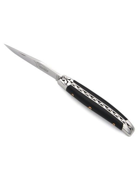 Laguiole-Messer aus schwarzer Jade mit rubinroten, goldgefassten Einsätzen