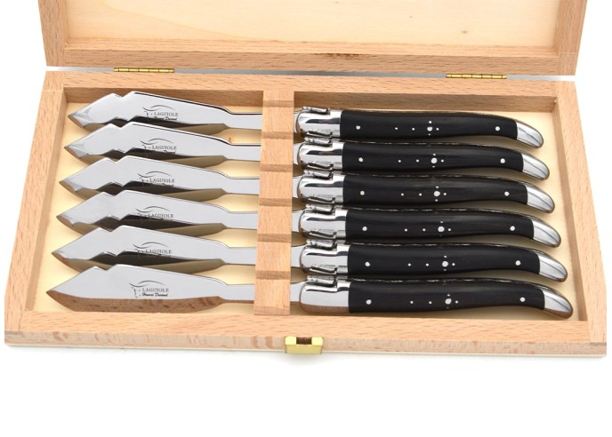Coffret de couteaux de Laguiole à poisson en ébène, inox brillant