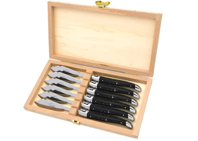 Coffret de couteaux de Laguiole à poisson en ébène, inox brillant