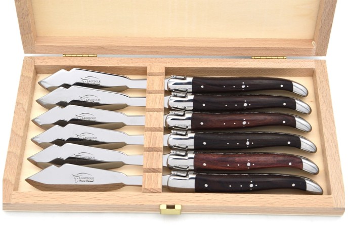 Laguiole fish knives, wide purplewood handles with shiny finish