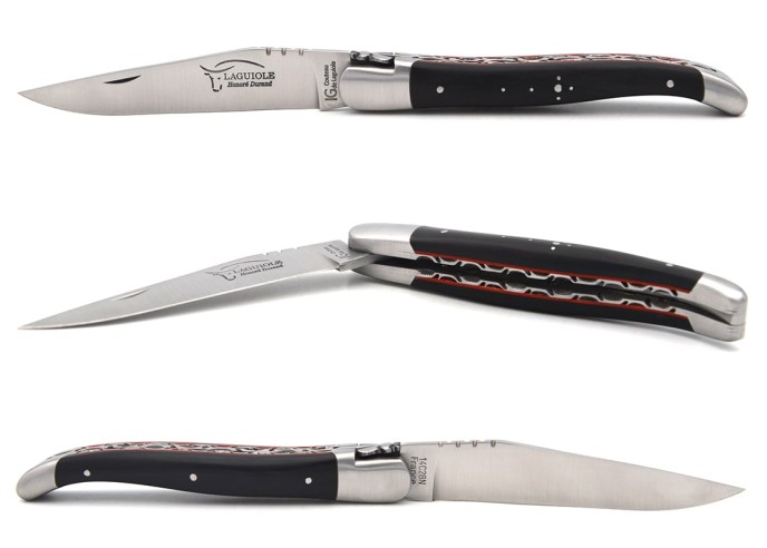 Laguiole GI, 12 cm dark horn tip & red spacer, chiseled double plates