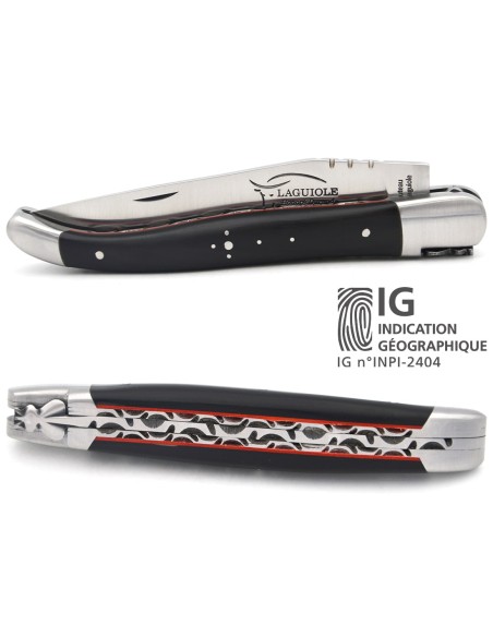 Laguiole GI, 12 cm dark horn tip & red spacer, chiseled double plates