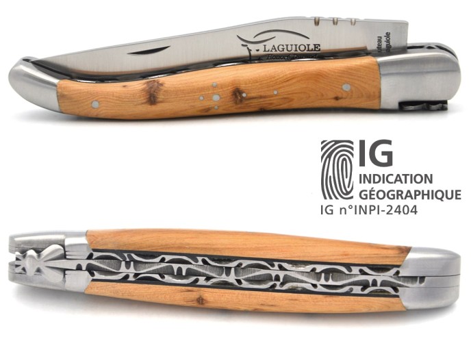 Laguiole GI, juniper & black spacer handle, chiseled double plates