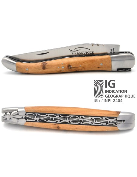 Laguiole GI, juniper & black spacer handle, chiseled double plates