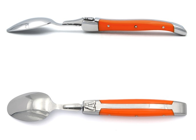 Laguiole tea spoons with shiny stainless steel bolsters. Orange Corian handles.Dishwasher safe.
