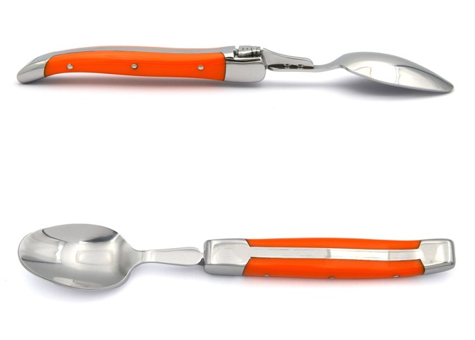 Laguiole tea spoons with shiny stainless steel bolsters. Orange Corian handles.Dishwasher safe.