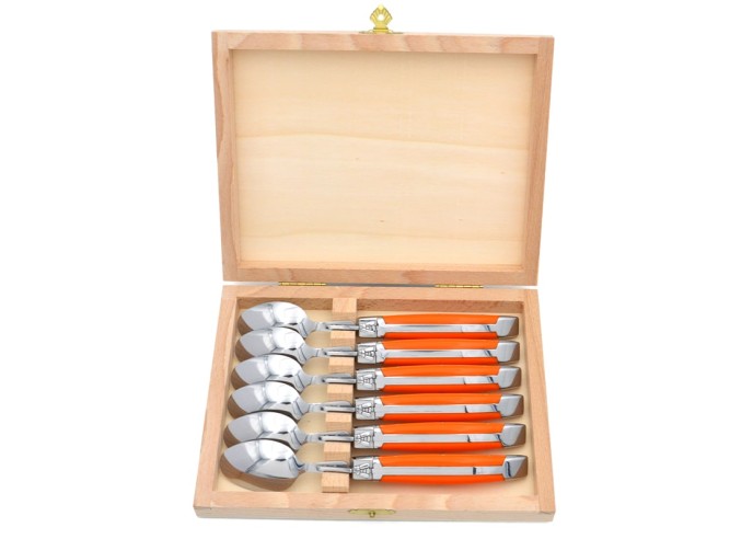 Laguiole tea spoons with shiny stainless steel bolsters. Orange Corian handles.Dishwasher safe.