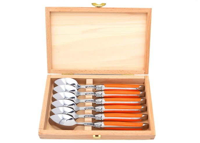 Laguiole Suppenlöffel, Heftbacken aus glänzendem Edelstahl, fein Griff aus Corian, orange, spülmaschinenfest