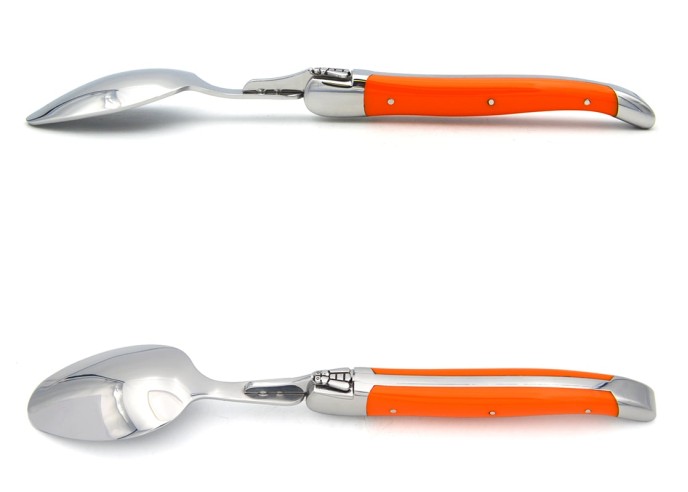 Laguiole soup spoons with shiny stainless steel bolsters. Orange corian handles. Dishwasher safe.
