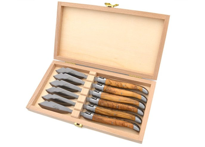Laguiole fish knives, wide olive wood handles with matt finish