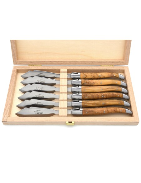 Laguiole fish knives, wide olive wood handles with matt finish