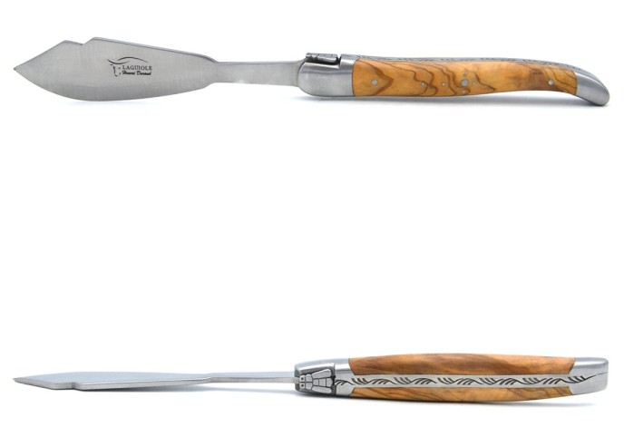Laguiole Fischmesser, breiterer Griff aus Olivenholz, Heftbacken aus mattem Edelstahl