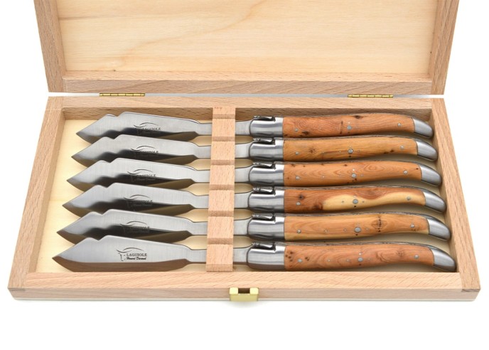 Laguiole Fischmesser, breiterer Griff aus Wacholderholz, mattem Edelstahl