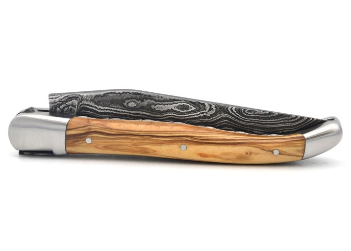 Laguiole GI, 12 cm olive wood, Damascus blade, chiseled bee and spring