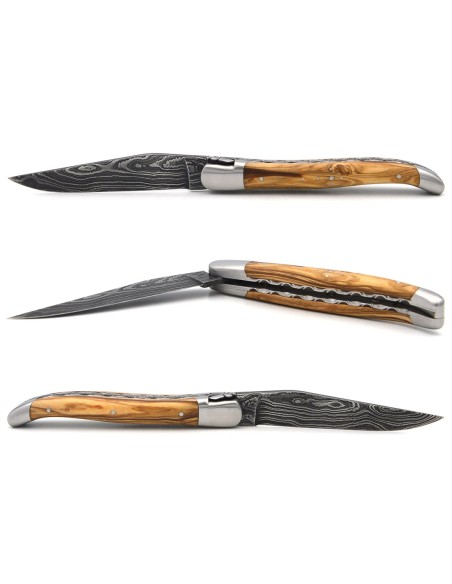 Laguiole GI, 12 cm olive wood, Damascus blade, chiseled bee and spring
