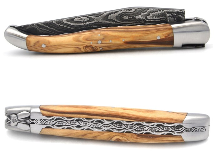Laguiole GI, 12 cm olive wood, Damascus blade, chiseled bee and spring